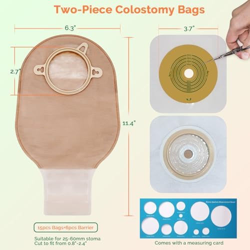21 PCS Colostomy Bags Two Piece Ostomy Bag Ostomy Supplies Drainable Pouches with Closure for Ileostomy Colostomy Urostomy Stoma Care Cut to Fit (15 PCS Bags+6 PCS Barrier)