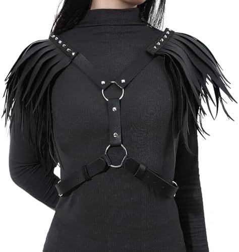 PURFUN Women Punk PU Leather Tassel Shoulder Harness Belt Gothic Black Fringed Body Harness Belt Adjustable Sexy Nightclub Rave Roleplay Cosplay Halloween Costume Chest Chain Body Chain Jewelry