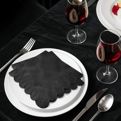 120 Pcs Black Scalloped Cocktail Napkins,2-Ply Black Disposable Beverage Party Napkins for Dinner Wedding Birthday Baby Shower