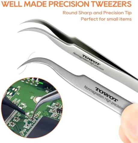 TOWOT Precision Tweezers, Stainless Steel Pointed Tweezers for Craft, Electronics, Soldering, Experimental Work, Jewelry-Making, Non-Magnetic Industrial Tweezers