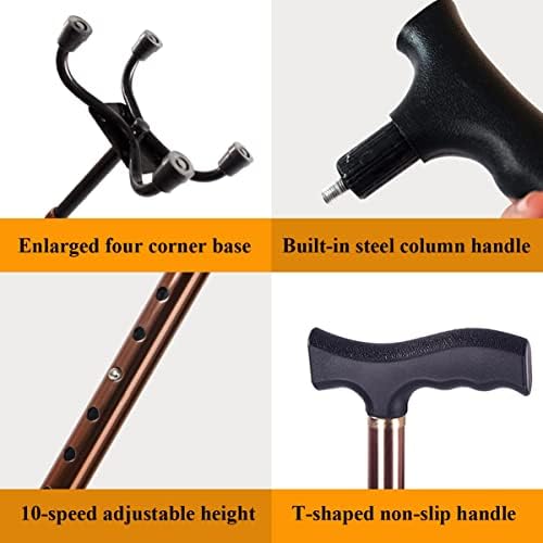 Tetrapod Walking Stick, 10 Heights Adjustable, Lightweight, Comfortable Hand Grip, Non-Slip Base, Telescopic Cane Walking Aid for Seniors Men Woman (Color : Brown-a)