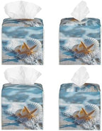 Shells Starfish on Beach Tissue Box Cover Square,Summer Ocean Shells Starfish Tissue Box Holder Waterproof Leather Facial Paper Organizer Dispenser for Bathroom Home Car Nightstand Vanity Desk