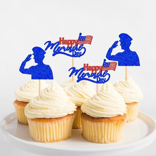 Ercadio 24 PCS Happy Memorial Day Cupcake Toppers Blue Glitter Military Soldier Theme Let's We not Forget Cupcake Picks for Memorial Day Men Birthday Party Cake Decorations Supplies Blue