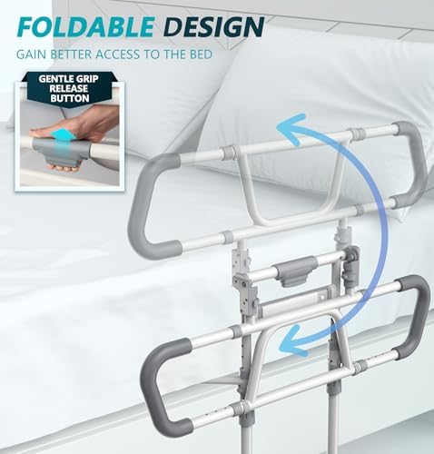 Foldable Bed Rails for Elderly Adults Safety - Bed Side Assist Rail for Seniors with Extendable Guard Rails & Storage Bag, Adjustable Height Bedrails for Queen King Full Size Bed