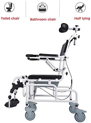 Tilt Shower Commode Chair Personal Mobility Assist Toilet Commode Wheelchair Transport Rolling Chair Waterproof with Padded Flip-up Arm and Foot Rests Adjustable Headrest (with Headrest)