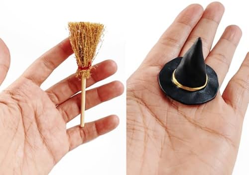 GXXMEI 24PCS/Set Mini Witch Hat with Mini Broom Miniature Straw Brooms with Red Rope Plastic Witch Hats and Brooms for Halloween for Halloween Party Craft Witches Decoration Accessory