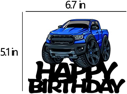 Pickup Truck Cake Topper Black Acrylic Transportation Theme Party Supplies, Pickup Truck Happy Birthday Cake Topper for Boy's Men' Birthday Party Decorations（Blue）