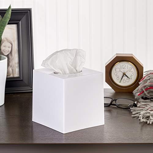White Tissue Box Cover – Square Tissue Box Holder for White Bathroom Accessories Countertop, Decorative Tissue Cover and Square Cube Holder for Modern Home, Office or Dresser Décor