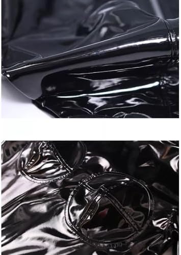 Women's Full Body Wetlook PVC Leather Back Zipper Crotch Bodysuit Handmade Catsuit Attached Gloves