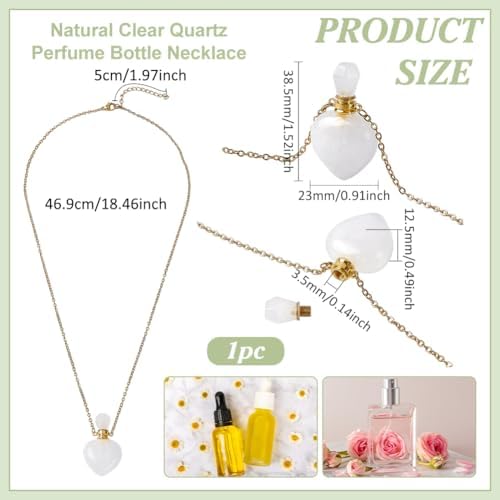 PH PandaHall Natural Quartz Crystal Perfume Bottle Necklace, Valentine Heart Shape Essential Oil Diffuser Bottle Real Clear Quartz Gemstone Necklace Golden Chain for Women Jewelry, 1pc