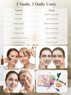Rena Chris Gua Sha and Face Roller Set - 7 in 1 Face Skin Care Tools with Facial Cleansing Brush, 2 Silicone Scrubber Pads & Face Sponge, Travel Bag, Beauty Gift for Women