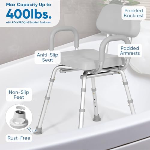 Padded Shower Chair and Bath Chair with Armrests and Back, Comfortable Deluxe Shower Chair for Inside Shower and Bathtub for Elderly and Seniors Safety, Adjustable Height, Institutional Quality, Gray