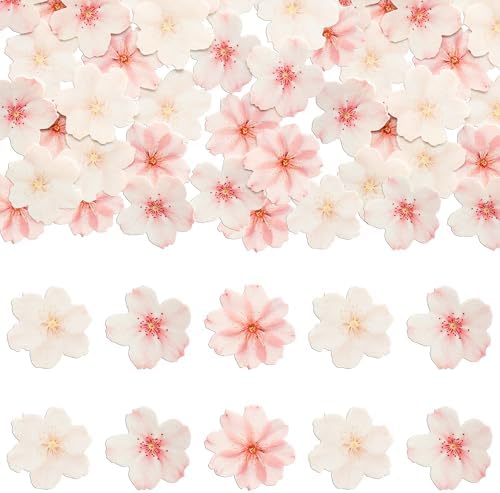 Gyufise 54Pcs Edible Cherry Blossoms Cupcake Toppers Edible Flowers Cake Decorations Wafer Paper Flowers Cupcake Topper for Baby Shower Kids Birthday Party Decorations Supplies Pink White