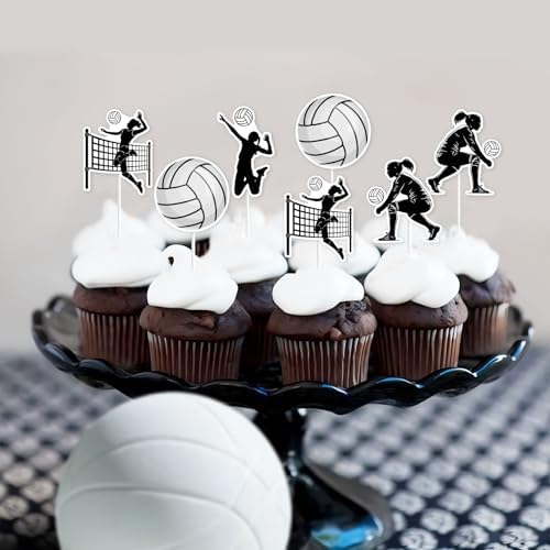 Kreatwow 36pcs Volleyball Cupcake Topper Black White Volleyball Birthday Party Decoration Volleyballs Birthday Cake Decor Sports Game Player Birthday Party Decor for Girls
