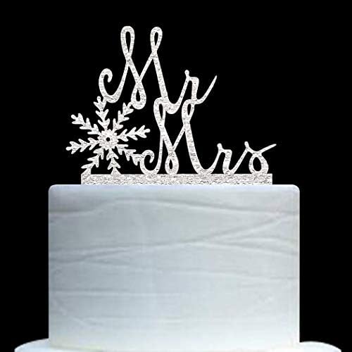 Mr & Mrs Cake Topper with Snowflake, Bride and Groom Sign Wedding Engagement Cake Topper Decorations, Silver Glitter Acrylic