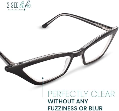 2SeeLife Premium Cat Eye Reading Glasses for Women – Narrow-Medium Fit, Sturdy Frame, Spring Hinges, Stylish Funky Readers, Black, +3.00