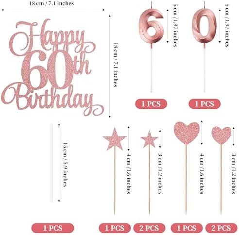 60th Birthday Cake Toppers, 60th Birthday Candles Numeral Candles and Glitter Cake Decorations Toppers Set for Party Supplies (Rose Gold)