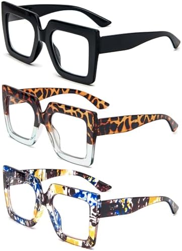 REAVEE 3 Pack Oversized Reading Glasses for Women Large Frame Extra Wide, Blue Light Blocking Stylish Thick Square Readers