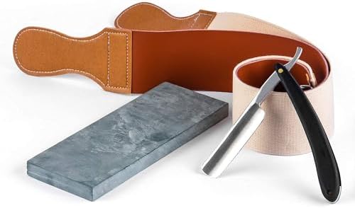 Grandslam Pro Natural Wooden Handle 420 Steel Straight Razor, 2 Layers Long Leather Canvas Strop, Sharpening Stone,2 Side Grit 3000 Waterstone Knife Sharpener