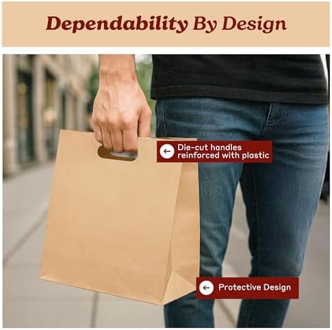 Natural Brown Kraft Paper Bags with Die Cut Handles 11" x 6" x 11" - Recyclable Shopping Tote Bag for Retail, Gifts, Restaurant Takeout, Catering, Bakery, Small Business, Party Favors - 500 Pack