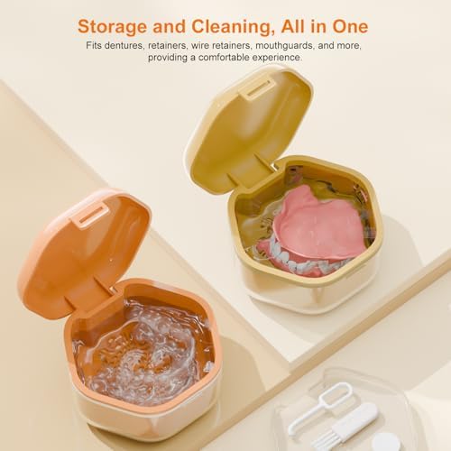 Denture Bath Case Retainer Case, Food-Grade Durable Denture Box 3 Layers False Teeth Holder with Removable Strainer Basket Retainer Cleaning Case Denture Bath Cup Travel Case White