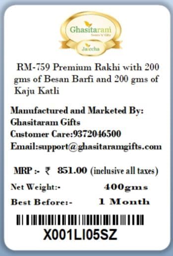 Ghasitaram Gifts Rakhi for Brother Rakhis Online - RM-759 Premium Rakhi with 200 GMS of Besan Barfi and 200 GMS of Kaju Katli