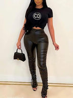 Women's Faux Leather Leggings Pants High Waisted Leather Tight Stacked Pants with Splits