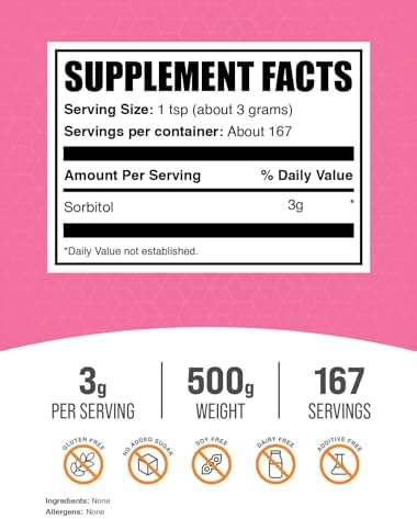 BulkSupplements.com Sorbitol Powder - Sugar Substitute, Low Calorie Sweetener - Food Grade & Gluten Free, 3g per Serving, 500g (1.1 lbs) (Pack of 1)