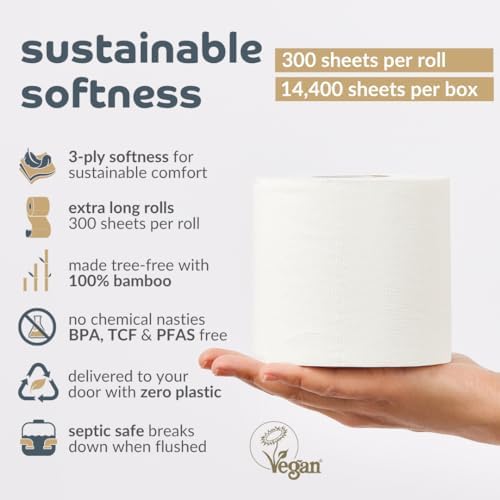 Bumboo Bamboo Toilet Roll 48 Pack | Toilet Paper 3 ply, 300 Sheets | Plastic-Free, Soft, Strong, Sustainable & Biodegradable Toilet Tissue