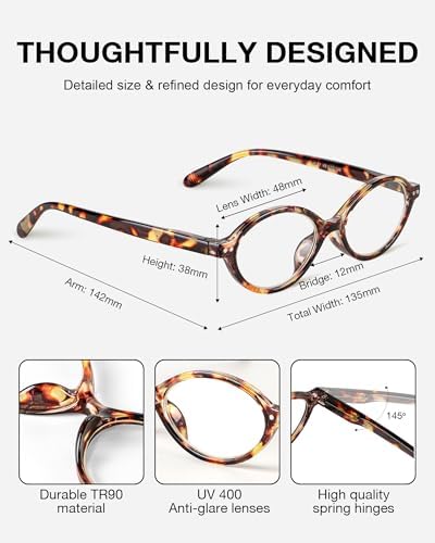 6 Pack Small Oval Reading Glasses for Women, Blue Light Readers with Flexible Spring Hinge (Multicolor, 2.0x)