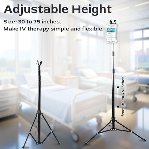 TidyFriend Steel Tripod IV Pole, Portable IV Pole Stand, Adjustable 30 –72 in Height, Collapsible Stand with 2 Hooks & 3 Legs, Lightweight & Travel Friendly, For Home, Hospitals & Clinics (Black)