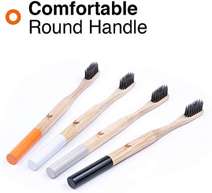Bamboo Toothbrush with Soft Charcoal Infused Bristles, New Set of 4 Eco Friendly Toothbrushes, BPA Free and Tongue Scraper