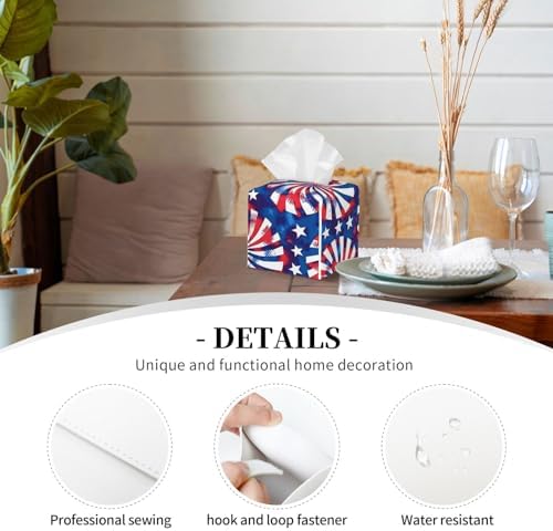 Tissue Box Cover American 4th of July Blue Red Elements Square PU Leather Tissue Box Holder for Car Bathroom Bedroom Desk Tabletop Decor