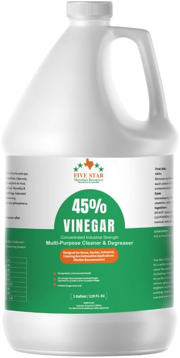 FIVE STAR MATERIALS RESOURCES 45% Vinegar Concentrated | White Vinegar for Cleaning and Garden | Home, and Outdoor Pure | Max Performance 7X Power | with Instructions (1 Gallon (128 fl oz))