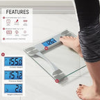 Taylor Digital Bathroom Scale for Body Weight, Large 12.2 Inch Glass Platform, Blue Backlit LCD Display, 440 lb Capacity, Weight Tracking for 2 Users, Clear
