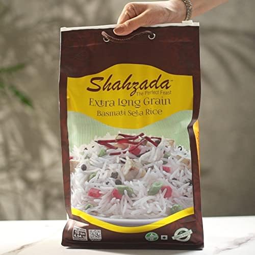 Shahzada Basmati Sela Rice 10 Lbs. Extra Long Grain, Non-Sticky, Non GMO, Vegan, Gluten Free, No Cholesterol, Low Sodium, Zip-Lock Bag, Parboiled