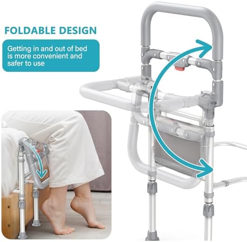 inkolelo Bed Rails for Elderly Adults Safety Foldable Bed Side Assist Rail for Seniors with Storage Pocket, Adjustable Height Bedrails for Queen King Full Size Bed, 400 Lbs
