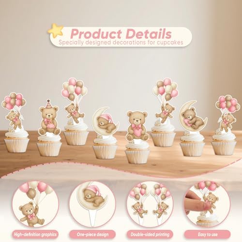 Pink Bear Cupcake Toppers 36 Pcs - Baby Shower Gender Reveal Decor, "We Can Bearly Wait" Party Cake Supplies