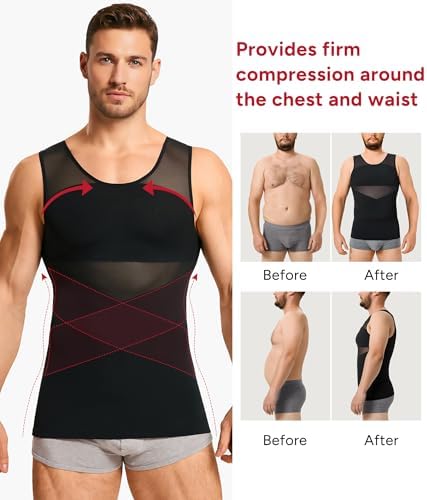 Nebility Mens Compression Shirt for Gynecomastia - Slimming Undershirts Body Shaper Vest Mesh Shapewear Workout Tank Tops