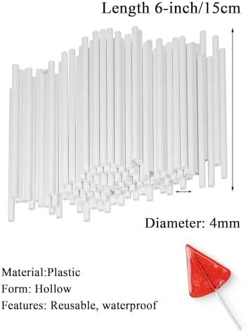 100Pcs Plastic Cake Pop Sticks, 6-inch Hollow Lollipop Sticks, Thick 4mm Candy Making Accesories for Hard Candy Chocolate Cookies Rice Krispie (6-inch)