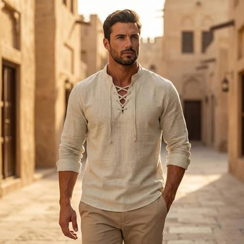 Men's Vintage V-Neck T-Shirt Linen Pirate Medieval Viking Gothic Tops Shirts Long Sleeved, Casual, Breathable