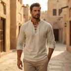 Men's Vintage V-Neck T-Shirt Linen Pirate Medieval Viking Gothic Tops Shirts Long Sleeved, Casual, Breathable