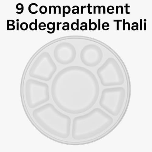 Biodegradable 9 Compartment Thali Plates – 200 Pack Eco-Friendly Disposable Dinner Plates for Parties, Events, Weddings & Catering