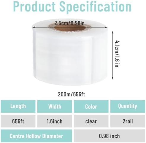 1.6In × 1312ft Heavy Duty Plastic Stretch Wrap Roll for Bottles, Jars, Cans, Versatile Shrink Wrap for Packing, Garden Grafting, Plant Tape, Unheated Packing Supplies(2 Rolls)