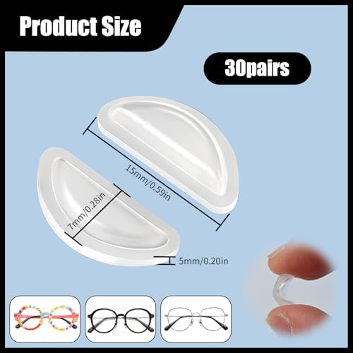 30 Pairs Nose Pads for Glasses, Anti-Slip Silicone Eyeglass Nose Pads, 5mm Heightened Airbag Cushions, Comfortable D-Shaped Adhesive Replacement Nose Pad for Sunglasses, Clear