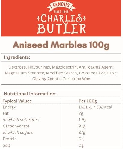 Charles Butler Aniseed Marbles 100g (3.5oz) - Red Aniseed Balls | Handmade Anise Candy | Old Fashioned British Hard Candy Gift Box | English Hard Boiled Sweets | Confectionery from England, UK