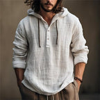 Mens Linen Shirts Quarter Button Down Long Sleeve Summer Hoodies Pullover Lightweight Casual Beach Shirts with Hood