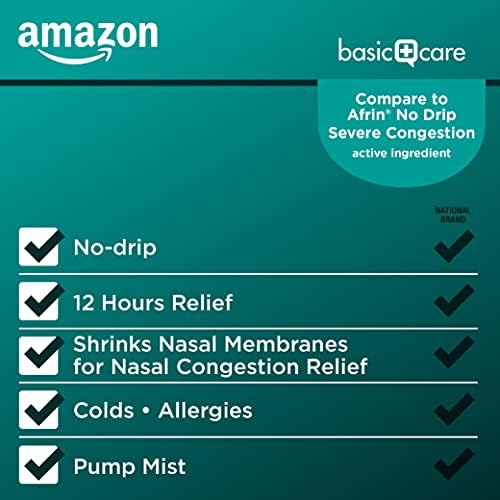 Amazon Basic Care No Drip Severe 12 Hour Nasal Decongestant Pump Mist, Maximum Strength Plus Menthol, Allergy Relief, 1 fl oz (Pack of 1)