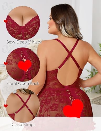 Plus Size Lingerie for Women Open Back Sexy Lingerie Dress Floral Lace Babydoll Chemise Lace Nightgown