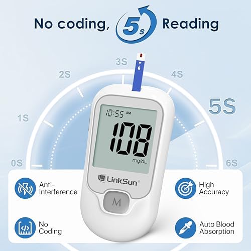 G-425-1 Blood Glucose Monitor Kit, 100 Test Strips &100 Lancets, 1 Control Solution, 1 Blood Sugar Monitor, 1 Lancing Device, Diabetes Testing Kit, No Coding, Large Display, Glucometer for Home Use